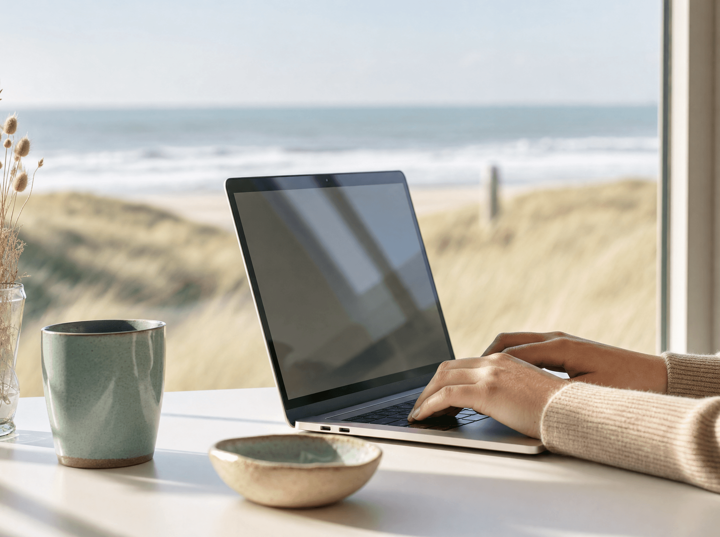Unverbindliche Anfrage am Laptop mit Blick auf die Dünen